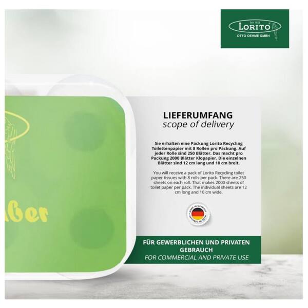 Lorito Toilettenpapier Klopapier  frisch & sauber recycling, 2-lagig, 8 Rollen
