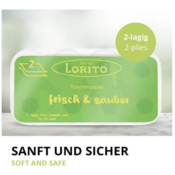 Lorito Toilettenpapier Klopapier  frisch & sauber recycling, 2-lagig, 8 Rollen