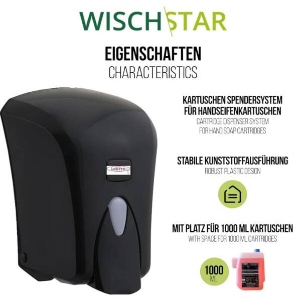 Seifenspender schwarz Kunststoff 1000ml für Kartuschen Spendersystem